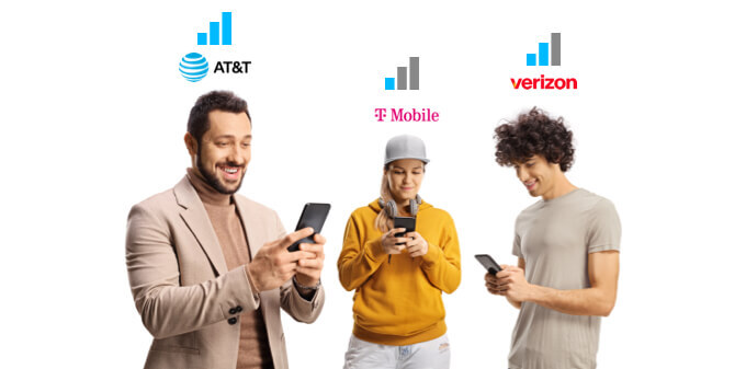 Cellular signal strength in offices varies bt carrier. ATT user 3 bras, T-Mobile user 1 bar, and Verizon user two bars.
